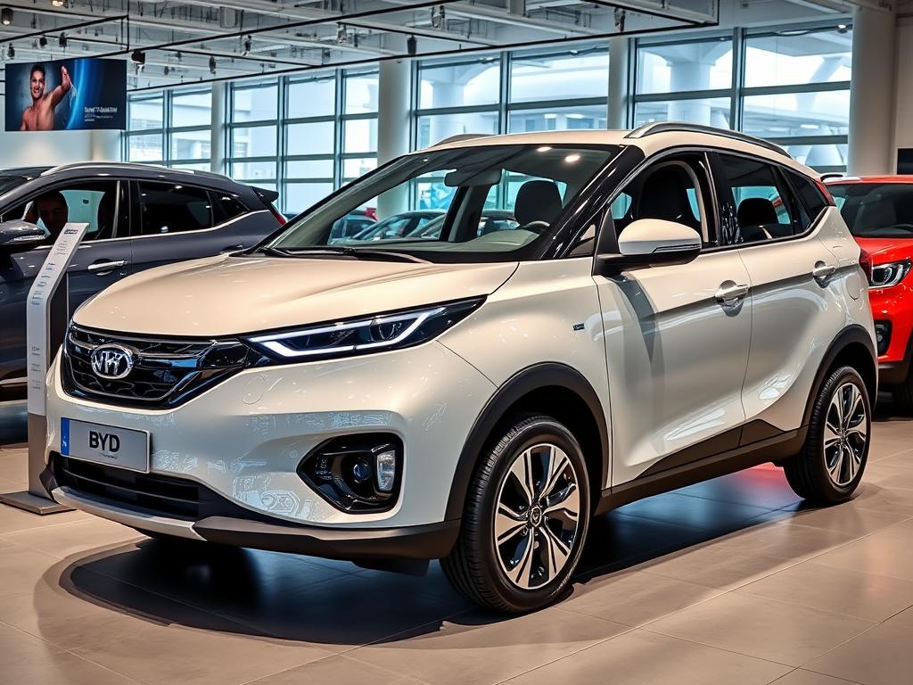 BYD Dolphin Surf compact EV displayed at European dealership with price tag showing competitive pricing BYD Dolphin Surf compact EV displayed at European dealership with price tag showing competitive pricing
