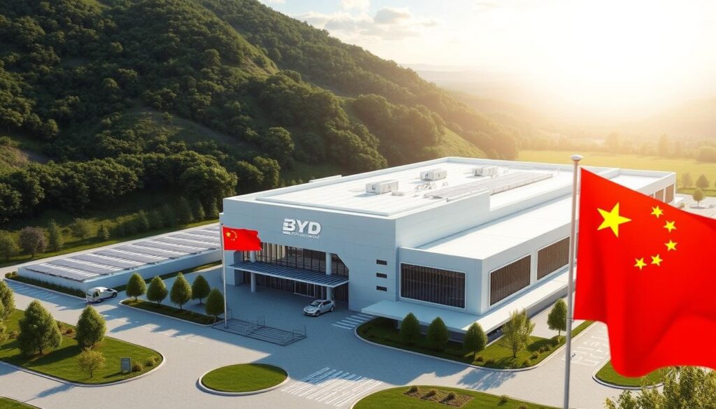 Rendering of BYD's planned manufacturing facility in Hungary with European and Chinese flags Rendering of BYD's planned manufacturing facility in Hungary with European and Chinese flags