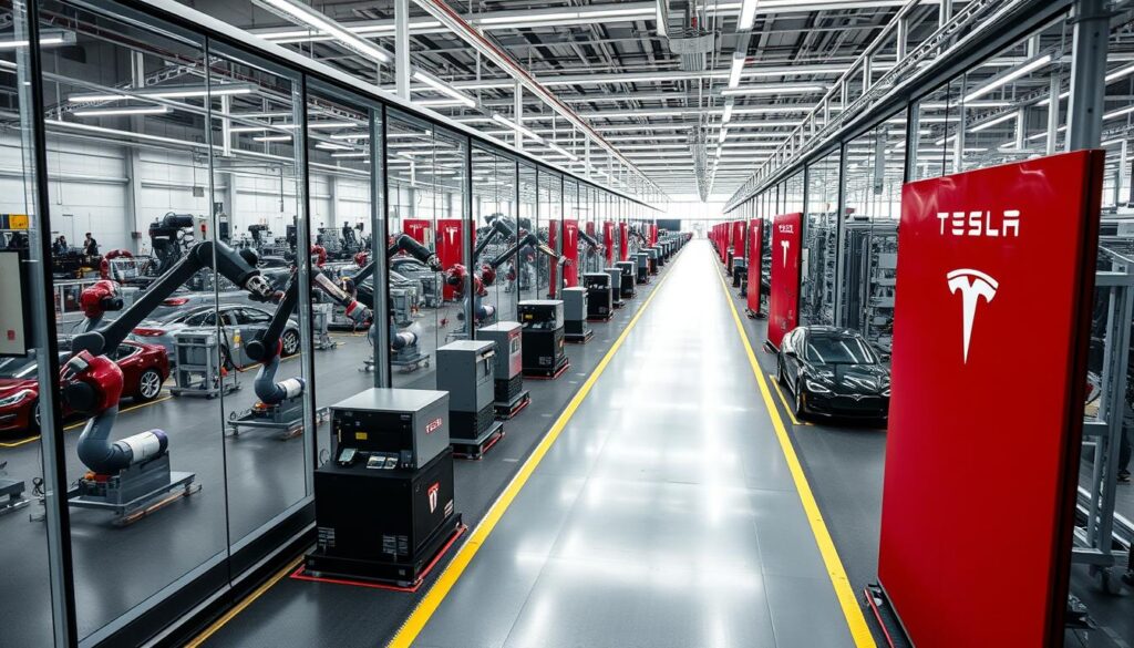 Tesla's Berlin Gigafactory with production lines visible through glass walls Tesla's Berlin Gigafactory with production lines visible through glass walls